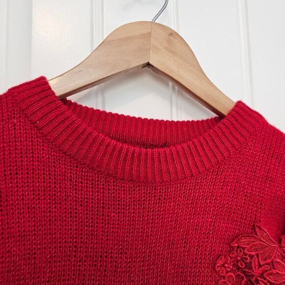 Vintage 80s Sweater Womens Medium Red Floral Lace Beaded Glam Knit Embellished - Picture 6 of 9